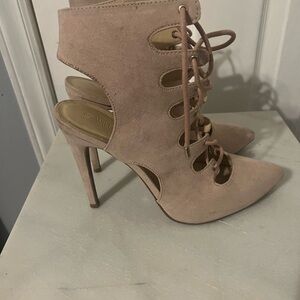 Blush suede tie up heels